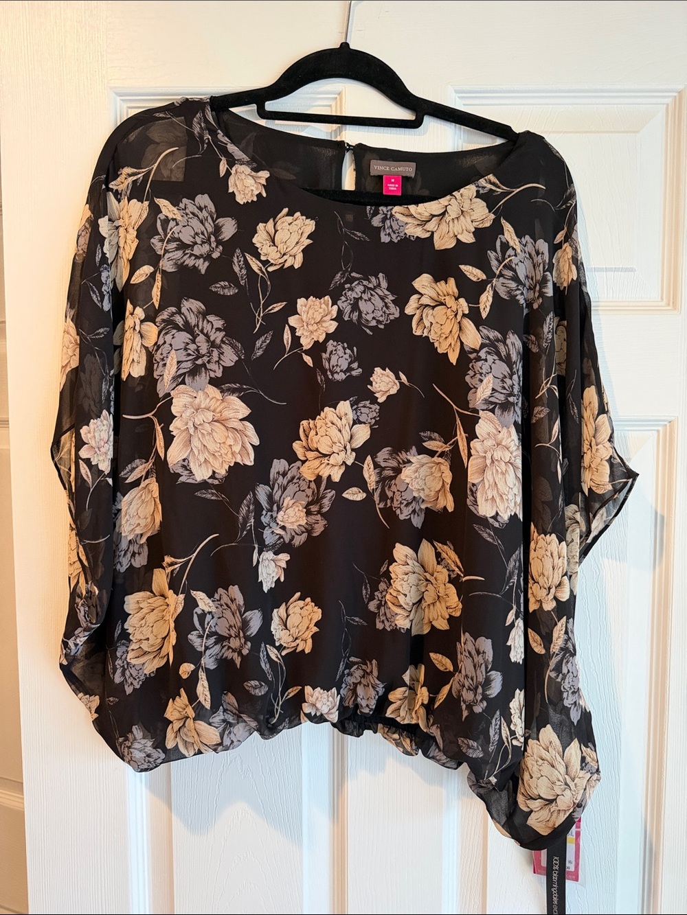 Vince Camuto Black Sheer Floral bubble hem Blouse with Cream and Gray Flowers